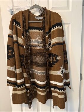 Absolutely Famous Brown Aztec Hooded Cardigan with Fringe